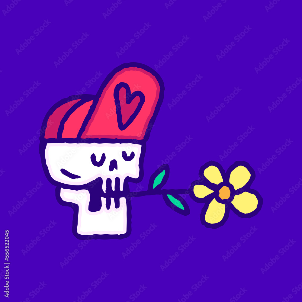 Romantic skull wearing snap back hat and biting sunflower cartoon, illustration for t-shirt, sticker, or apparel merchandise. With modern pop and retro style. Romantic skull wearing snap back hat and biting sunflower cartoon, illustration for t-shirt, sticker, or apparel merchandise. With modern pop and retro style.