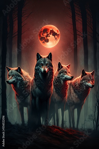 Fotografia scene of pack of wolves in a forest at night, 3d illustration