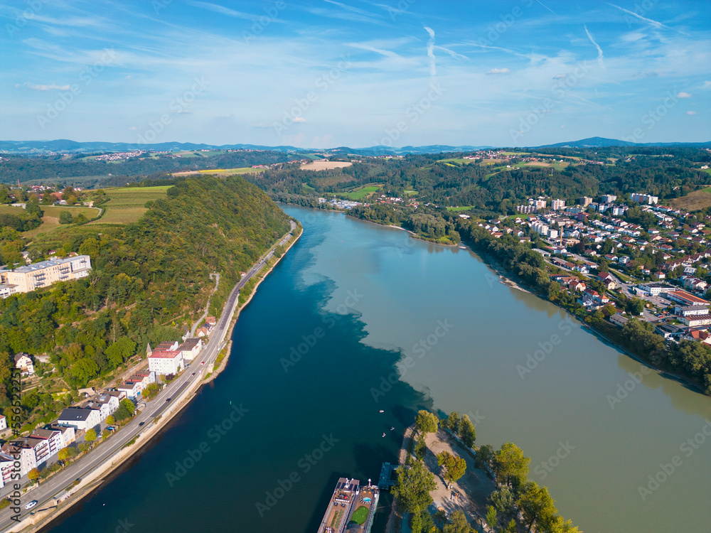 aerial view of Ortsspitze  with park by the three rivers conjunction, Donau, Ilz and Inn river in the old town of Passau, Passau, Germany