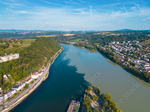 aerial view of Ortsspitze with park by the three rivers conjunction, Donau, Ilz and Inn river in the old town of Passau, Passau, Germany