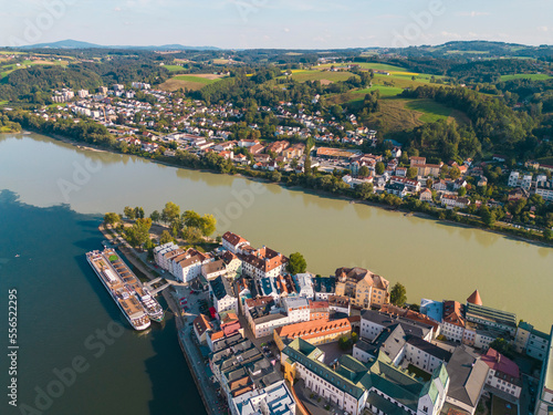 aerial view of Ortsspitze  with park by the three rivers conjunction, Donau, Ilz and Inn river in the old town of Passau, Passau, Germany photo