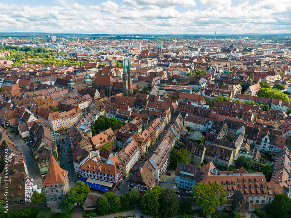 Aerial view of the old city of Nürmberg with the city walls and St. Sebald church towers, Nürmberg, Germany