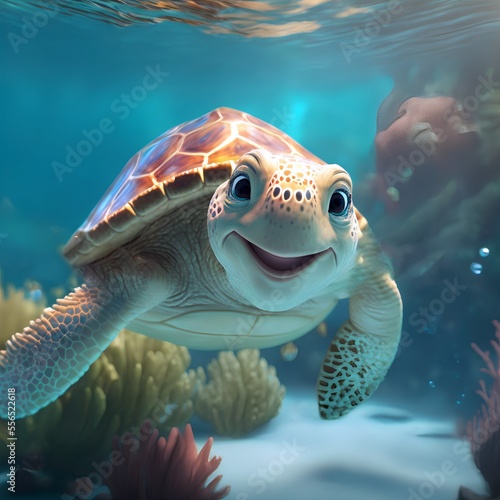 A cute cartoon smiling sea turtle swims in the blue ocean.Underwater landscape.AI generated.