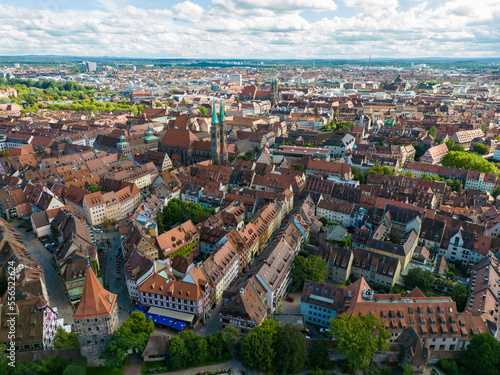 Aerial view of the old city of Nürmberg with the city walls and St. Sebald church towers, Nürmberg, Germany