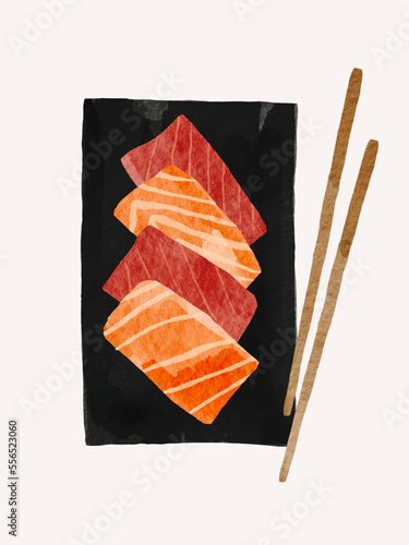 Realistic sashimi collection on black plate. Watercolour raw fish isolated. Asia Japanese food. vector
