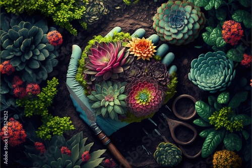 a garden with succulents and plants in it and scissors on the ground next to them and a pair of scissors. photo