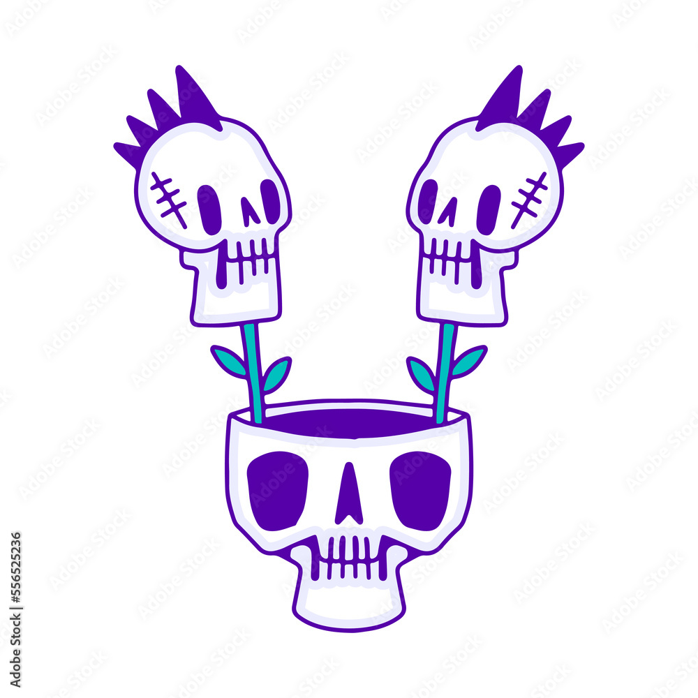 Cool punk skull plant inside skeleton head doodle art, illustration for t-shirt, sticker, or apparel merchandise. With modern pop style.
