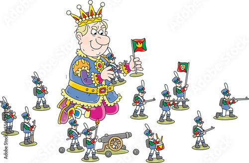 Angry king playing with funny toy soldiers and leading his small army in an attack in a military game, vector cartoon illustration isolated on a white background