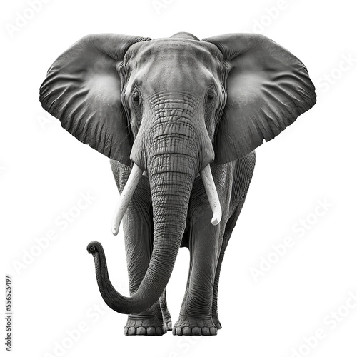 Fotobehang gros éléphant gris vu de face sur fond blanc - image générée par IA et détourée
