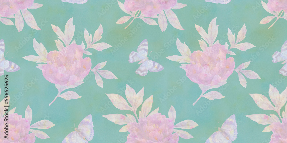 Seamless delicate pattern with flying butterflies, leaves and flowers, abstract floral watercolor background