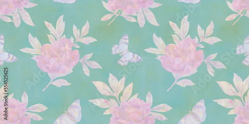 Seamless delicate pattern with flying butterflies  leaves and flowers  abstract floral watercolor background
