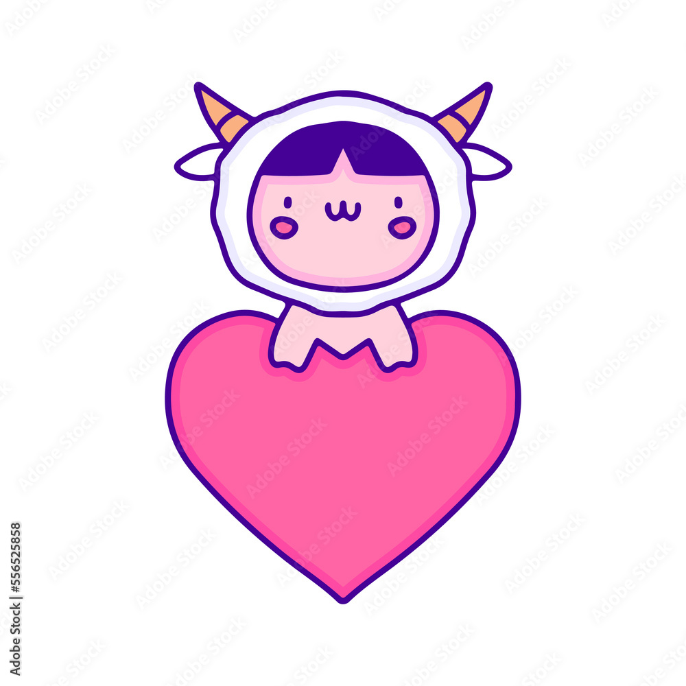 Cute baby in sheep costume with love symbol doodle art, illustration for t-shirt, sticker, or apparel merchandise. With modern pop and kawaii style. Cute baby in sheep costume with love symbol doodle art, illustration for t-shirt, sticker, or apparel merchandise. With modern pop and kawaii style.