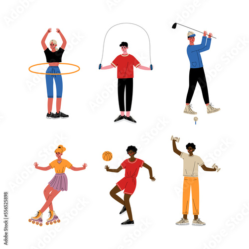 Young Man and Woman Athlete Doing Sport Vector Set