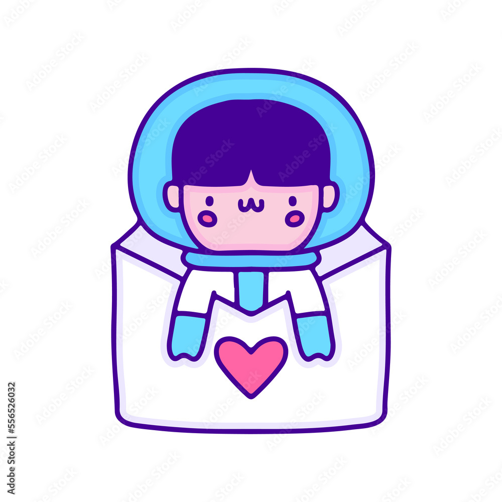 Sweet baby astronaut inside love letter doodle art, illustration for t-shirt, sticker, or apparel merchandise. With modern pop and kawaii style.
