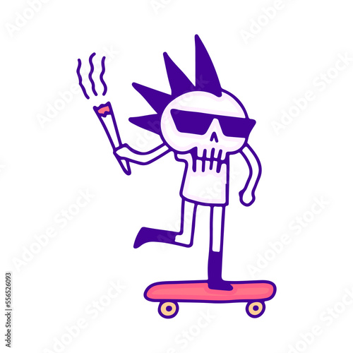 Cool punk skull with cigarette riding skateboard doodle art, illustration for t-shirt, sticker, or apparel merchandise. With modern pop style.