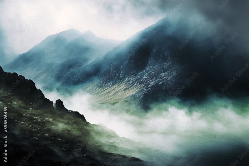 Mountainous area covered with thick mist at a high height. Generative AI Mountainous area covered with thick mist at a high height. Generative AI