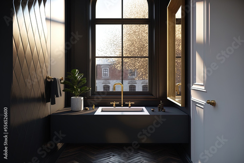 Minimalist bathroom sink area. Gold faucets with escutcheons. The huge window with a wooden frame provides natural daylight in the entryway. Dark colored parquet floors. Generative AI photo