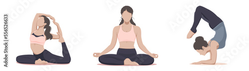 Set of three poses for yoga girls with pink tones