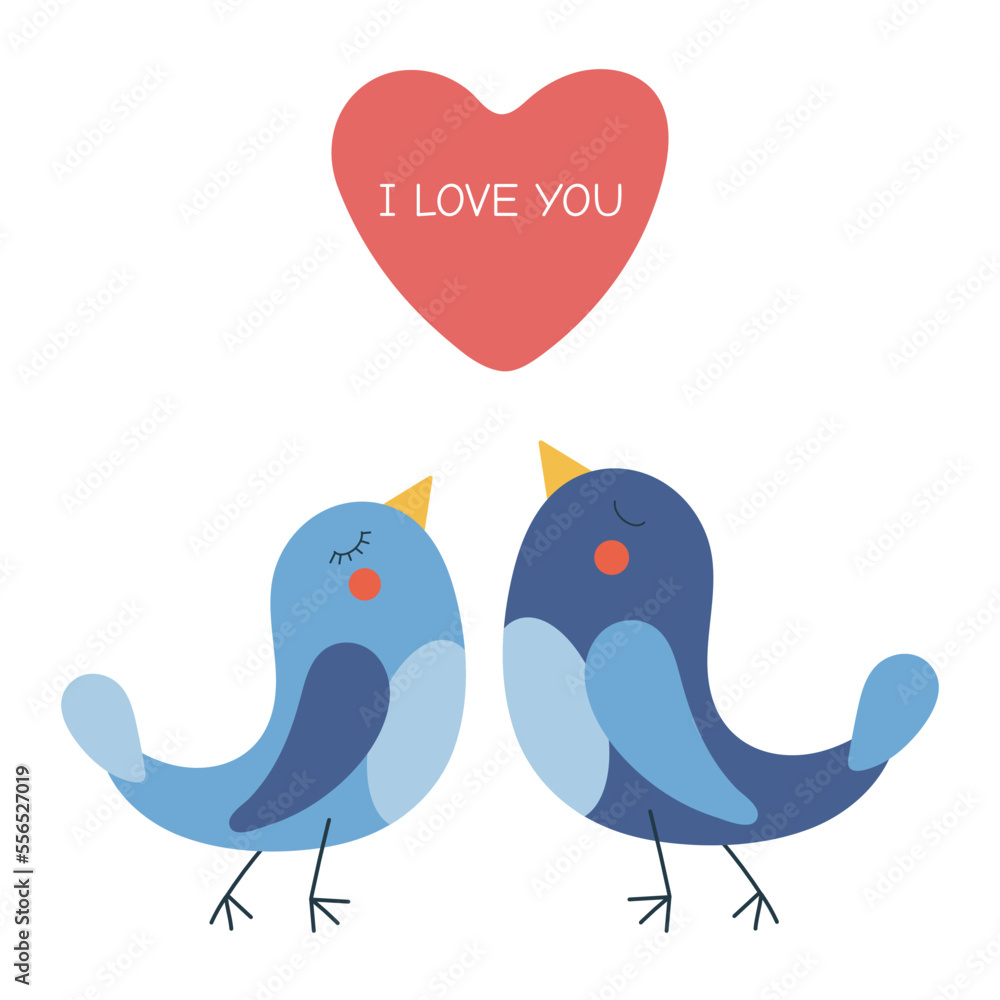 Valentine's day greeting card template with a pair of blue birds and a heart with the text I love you. Vector illustration isolated on white background. Valentine's day greeting card template with a pair of blue birds and a heart with the text I love you. Vector illustration isolated on white background.