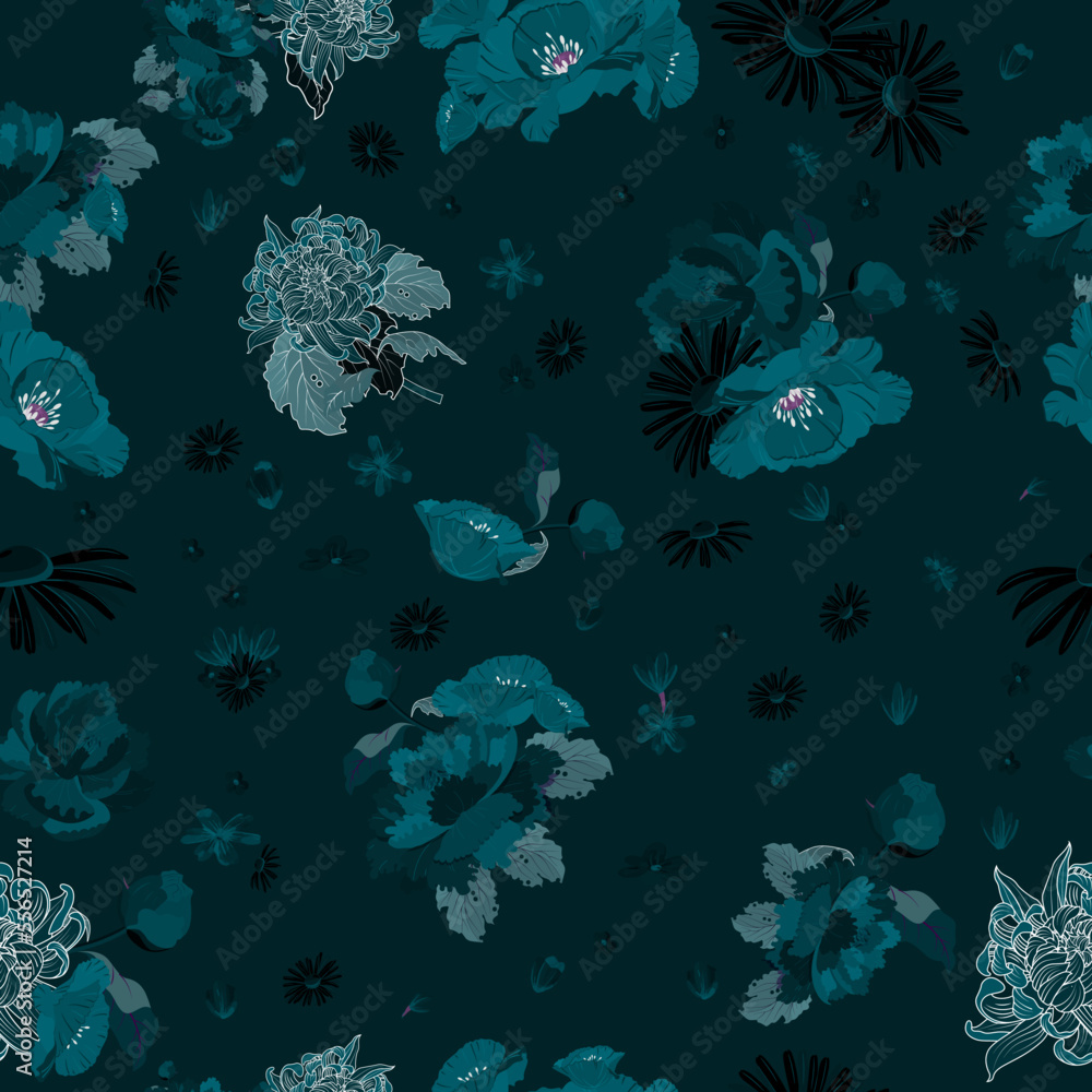 Obraz premium Full seamless floral pattern background. Texture for textile fabric print. Great design for fabrics, wrapping, textures, backgrounds. Vector illustration.