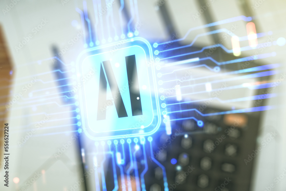 Double exposure of creative artificial Intelligence icon on blurry calculator background. Neural networks and machine learning concept Double exposure of creative artificial Intelligence icon on blurry calculator background. Neural networks and machine learning concept