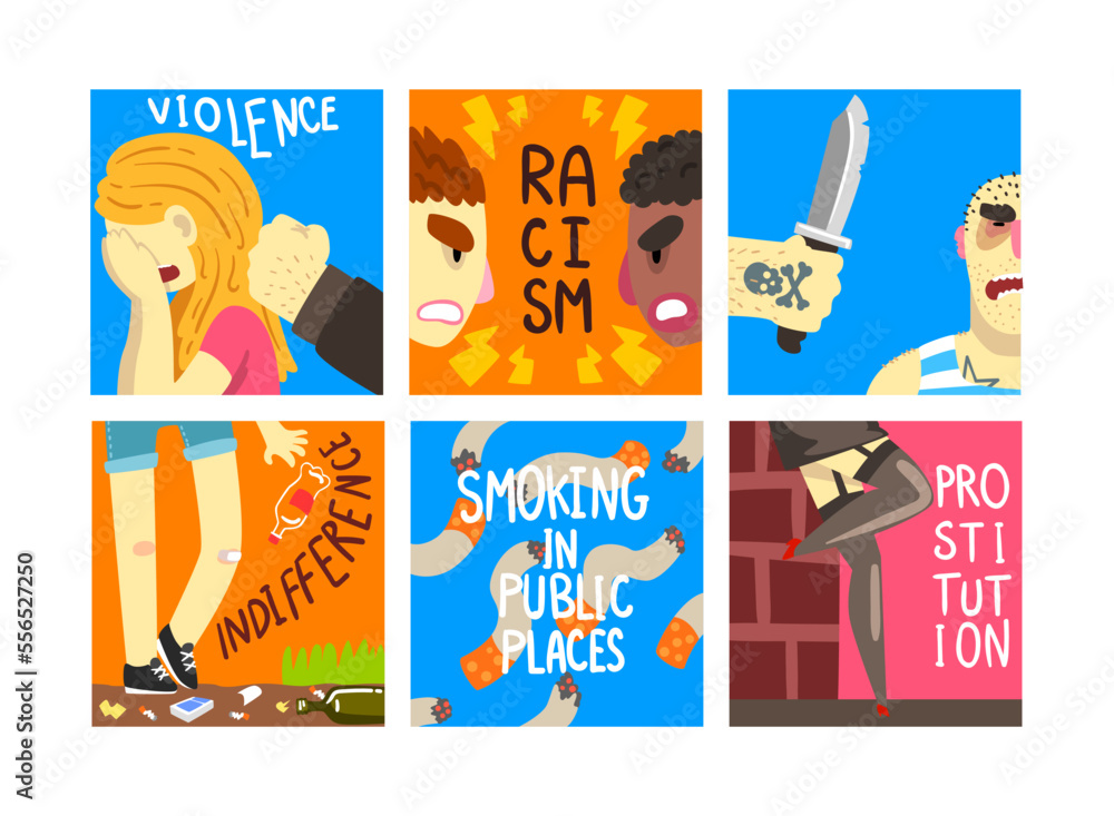Obraz premium Social Problem Poster with Harmful Indifference and Immorality Vector Set