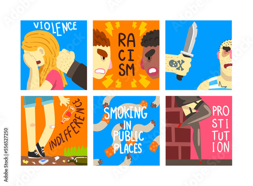 Social Problem Poster with Harmful Indifference and Immorality Vector Set