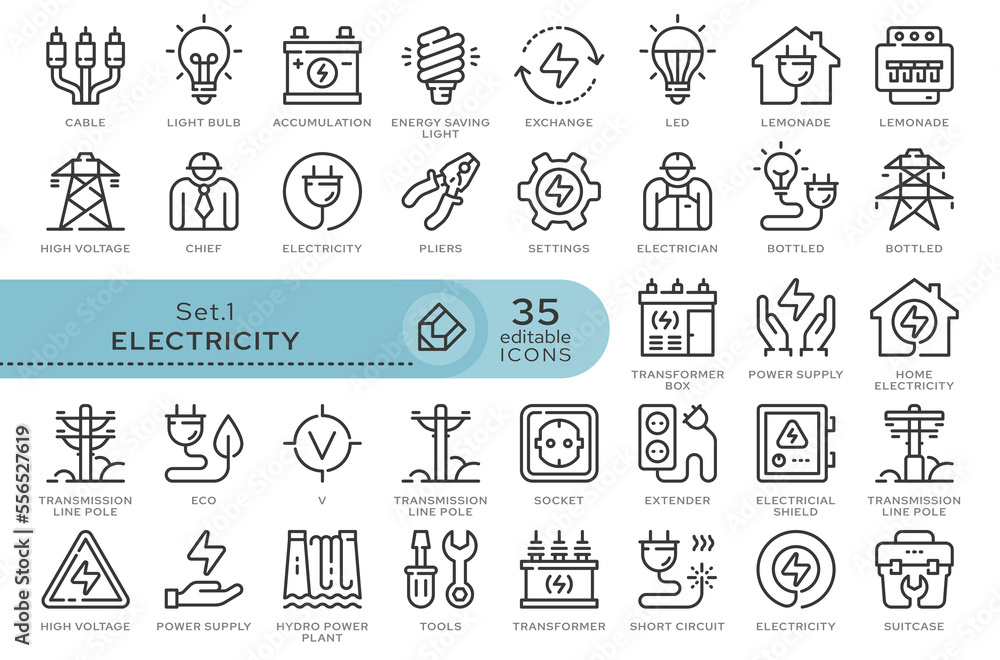 Set of conceptual icons. Vector icons in flat linear style for web sites, applications and other graphic resources. Set from the series - Electricity. Editable outline icon.	 - obrazy, fototapety, plakaty 