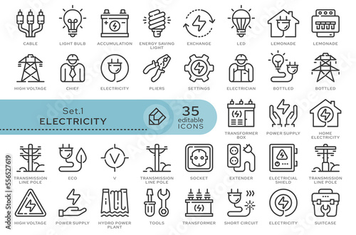 Set of conceptual icons. Vector icons in flat linear style for web sites, applications and other graphic resources. Set from the series - Electricity. Editable outline icon. 