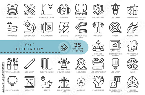 Line icon set. Electricity, electrical equipment and installations. Electric energy. Vector icon pack.	