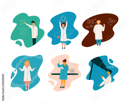 Man and Woman Scientist in Laboratory Coat Conducting Research and Investigation Vector Set