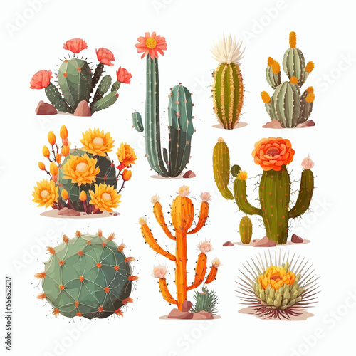 Set of different prickly desert plants or cacti with thorns. Isolated on background. Cartoon flat vector illustration