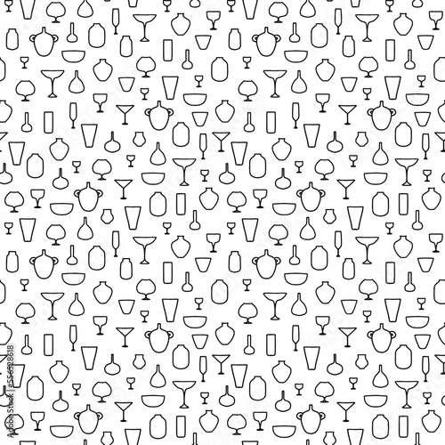 Pattern from dishes for liquids. Containers of different shapes and sizes. Seamless vector image on a transparent background.