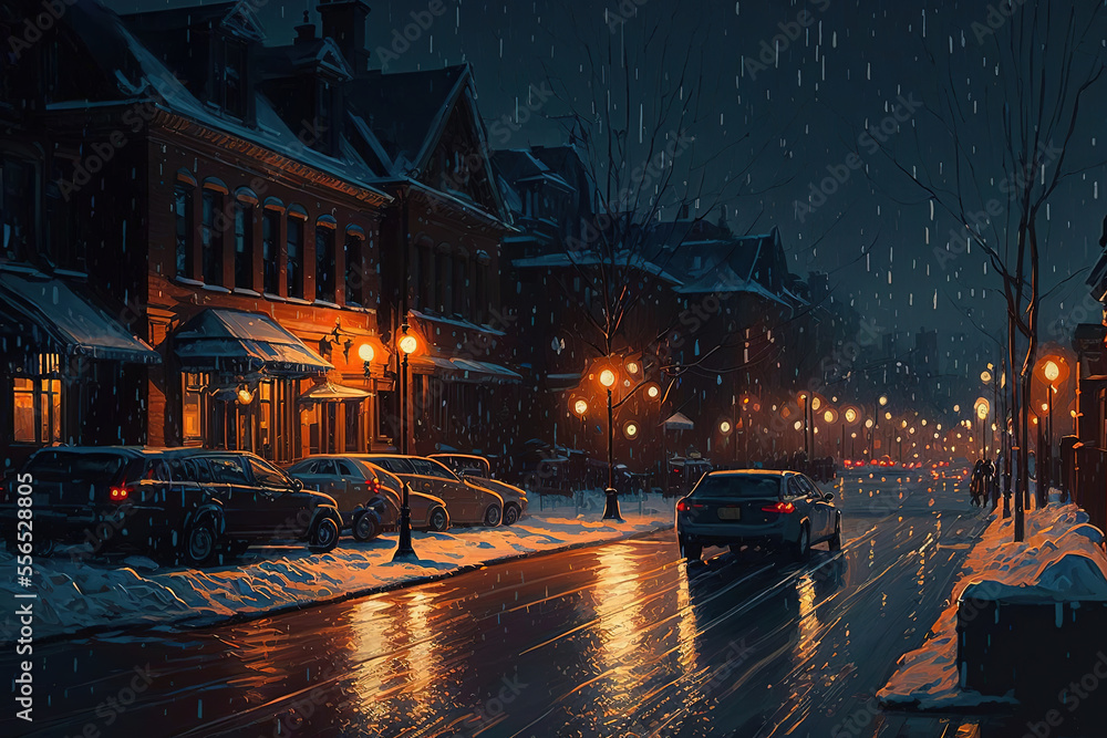 night, city street, snow, puddles, streetlights, night street, painting art illustration