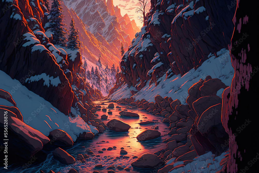Roaring rapids in a snowy canyon, sunset, nature landscape, mountains, art illustration