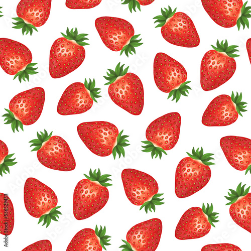 Strawberry seamless pattern. Colorful vivid print with hand drawn berries. Repeated luxury design for packaging, cosmetic, menu, cafe, textile. Realistic detailed illustration.