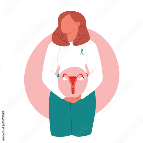 Cervical cancer concept. Human papillomavirus development. Disease symptom. Woman holds uterus. Flat vector illustration photo