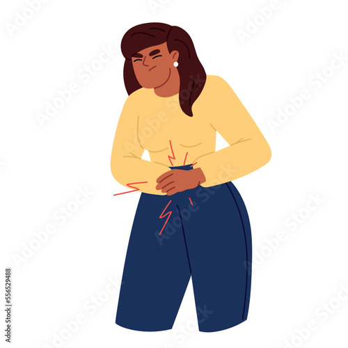 Severe abdominal pain. Appendicitis, painful menstruation. Woman holding her stomach. Flat vector illustration