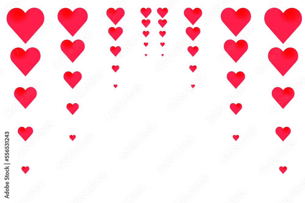 Design of red hearts falling vertically on a white background