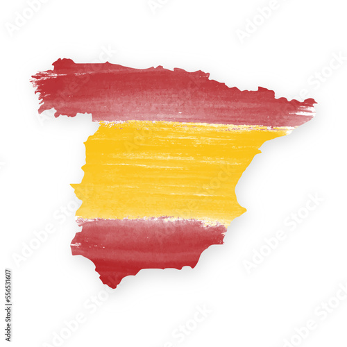 National flag of Spain painted in watercolor. Spain map.