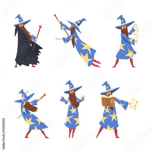 Sorcerer in Pointed Hat and Starry Gown Practicing Wizardry and Witchcraft with Magic Wand Vector Set
