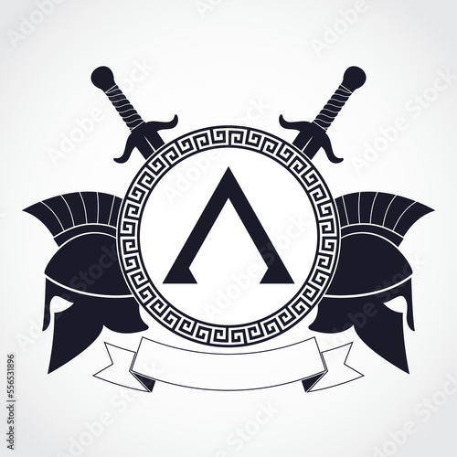 spartan theme heraldry logo with shield helmets and swords