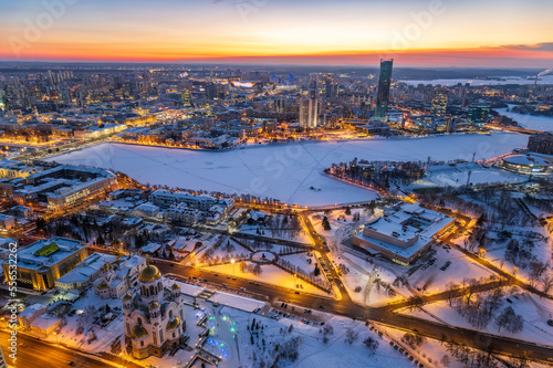 Winter Yekaterinburg and Temple on Blood in beautiful blue clear sunset. Aerial view of Yekaterinburg  Russia. Translation of the text on the temple  Honest to the Lord is the death of His saints.