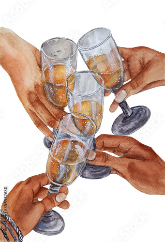 Watercolor cheers. Hands holding glass of white sparkling wine. Clinking glasses with alcohol drinks.