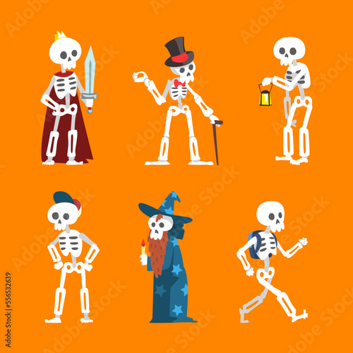 Bony Skeleton Character in Different Pose and Action Vector Set