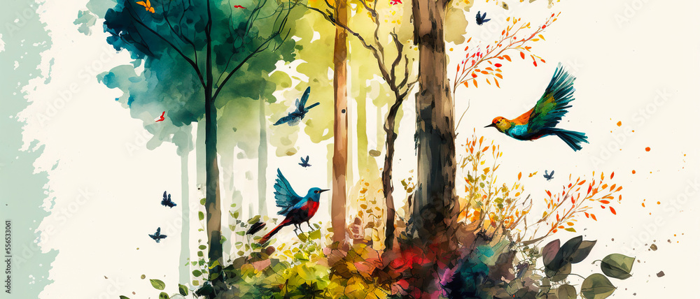 Background with forest and birds painting