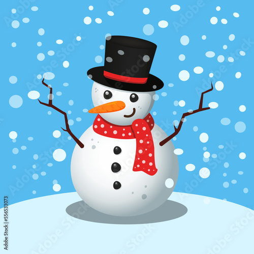 Snowman character in a hat and scarf, on a blue and white background, with snow.