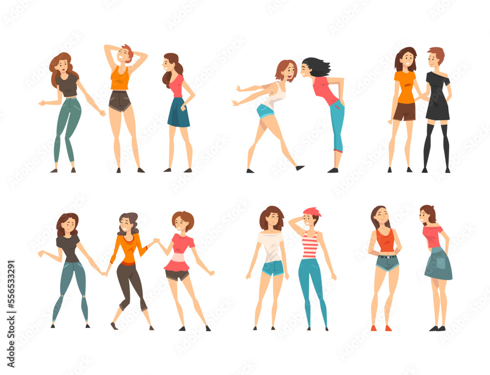 Woman Best Friends Spending Good Time Together Meeting and Talking Vector Set Woman Best Friends Spending Good Time Together Meeting and Talking Vector Set
