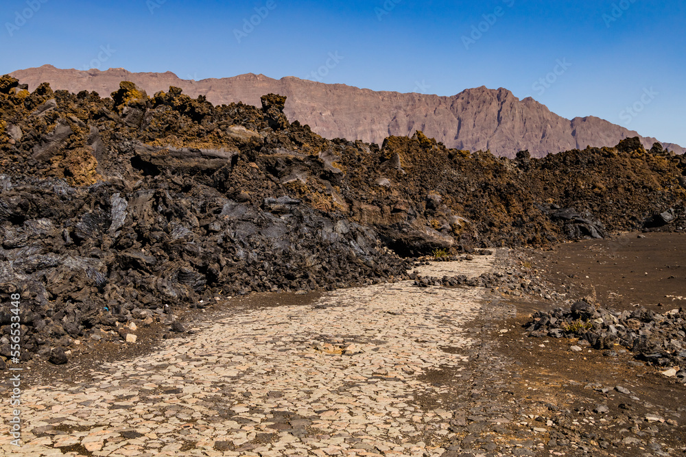 The paved road through the crater of Pico do Fogo has been completely covered by lava, Cape Verde