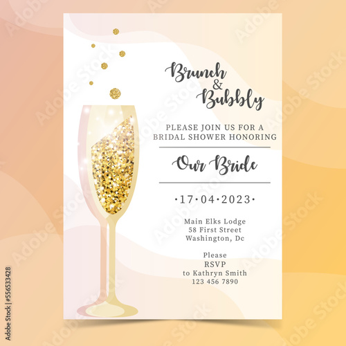 Brunch and Bubbly bridal shower. Vector illustration. Wedding invitation with golden glitter.